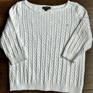 Ralph Lauren White Cable Knit Crew Neck Sweater 3/4 length sleeves